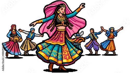 Traditional folk dancers in colorful costumes perform a lively group dance