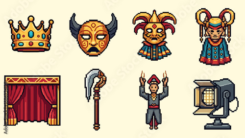 Pixel art theater icons: masks, crowns and performing arts symbols