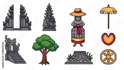 Collection of pixel art elements inspired by Balinese culture and architecture