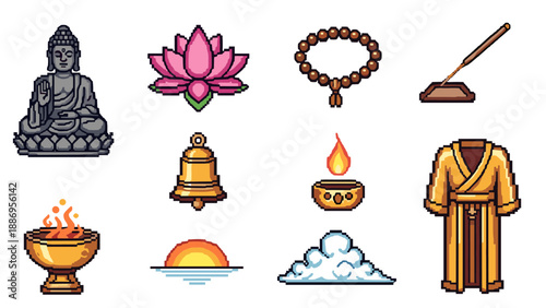 Pixel art collection of Buddhist symbols and meditation elements for spiritual design