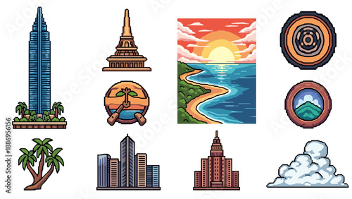 Collection of pixel art icons featuring buildings, nature, and landscapes