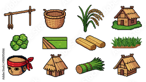 Pixel art collection of rural village life elements and farming tools
