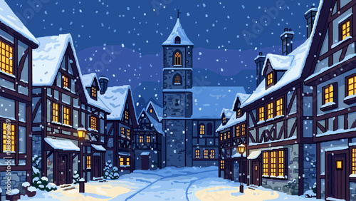Charming snowy village scene with illuminated medieval architecture at dusk