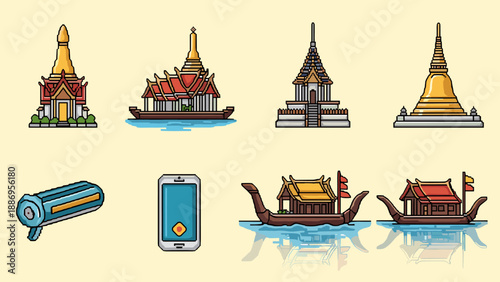 Pixel art of thai temples and boats with water reflection