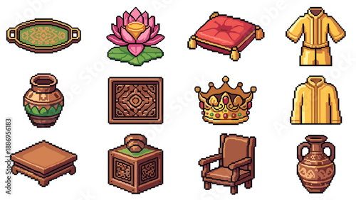 Retro pixel art of ancient artifacts and furniture with intricate designs