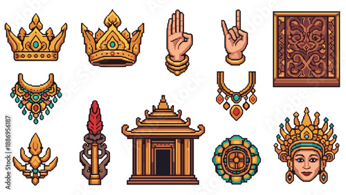 Pixel art southeast asian cultural symbols and royal artifacts collection