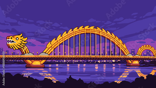 Retro pixel art dragon bridge at sunset reflecting over water