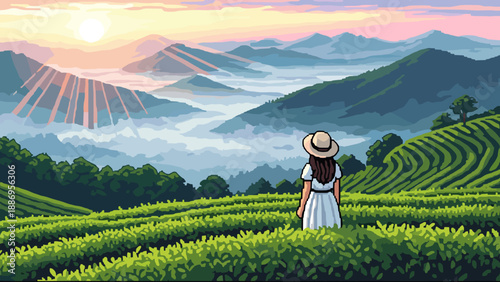 Woman in white dress and hat gazes at misty mountains from a lush green tea plantation