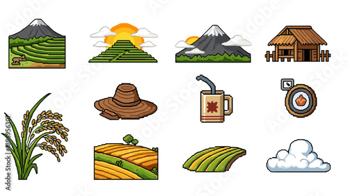 Pixel art nature and farming icons featuring rice, landscapes, and traditional elements
