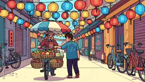 Vibrant street scene with a fruit vendor and colorful lanterns in Asia