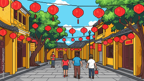 Colorful street scene with lanterns and traditional architecture in pixel art style