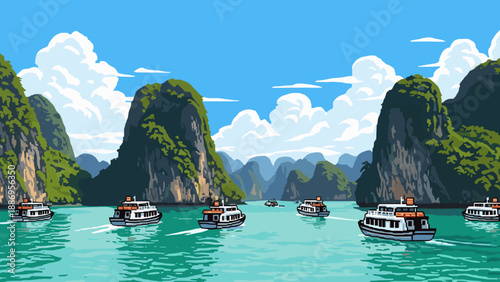 Pixel art seascape: boats cruising among lush islands under bright skies