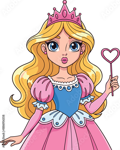 Pretty cartoon princess character with long blonde hair wearing pink dress and crown holding heart shaped magic wand vector illustration isolated on white.