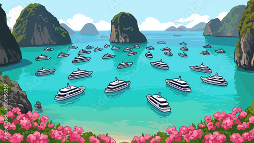 A fleet of luxury yachts gathered in a tropical bay surrounded by lush green islands