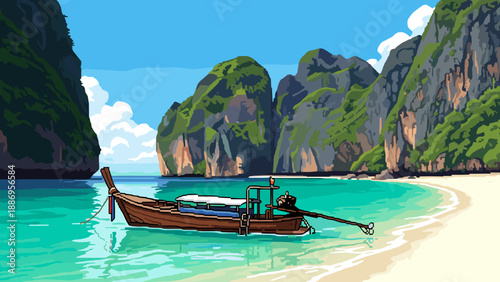 Pixel art longtail boat anchored in turquoise water near tropical island cliffs