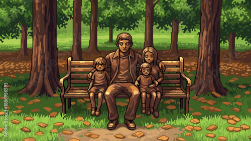 Family bonding on park bench in autumn forest surrounded by trees and falling leaves