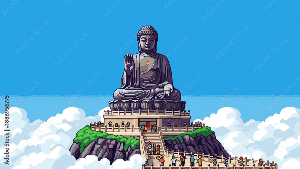 Fototapeta premium Pixel art buddha statue on mountain surrounded by clouds and visitors