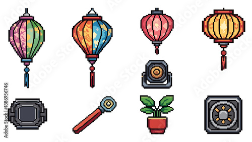 Pixel art collection of traditional lanterns, spotlight, plant, wrench, and safe