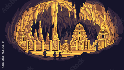 Pixel art explorers discover ancient temple ruins hidden deep within a glowing cavern