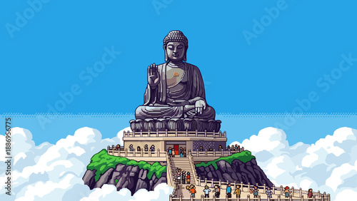 Pixel art buddha statue on mountain surrounded by clouds and visitors