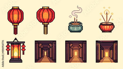 Pixel art collection of traditional Chinese cultural elements and temple interiors