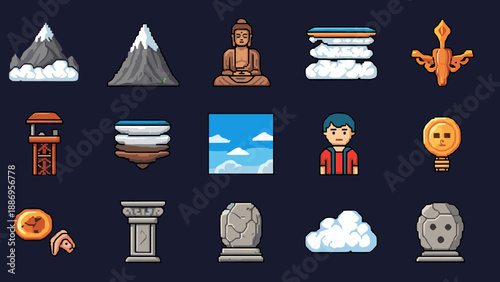 Collection of pixel art game assets including mountains, Buddha statue, and floating islands