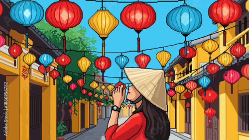 Vibrant lanterns in traditional asian street with woman in conical hat