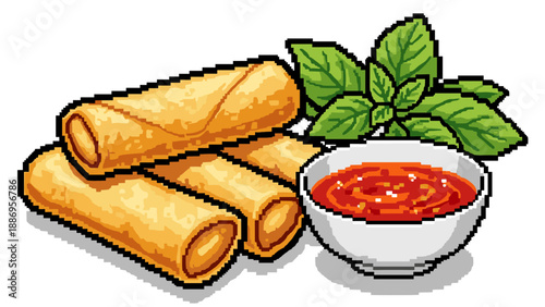 Pixel art illustration of crispy spring rolls with dipping sauce and fresh basil leaves