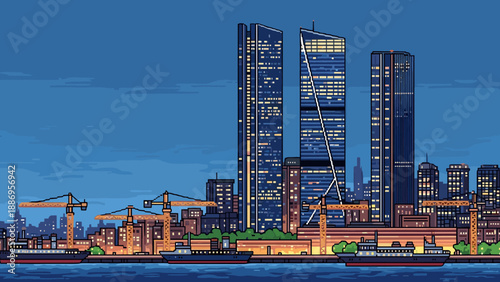 Pixel art cityscape at dusk with modern skyscrapers, construction cranes, and ships on the water
