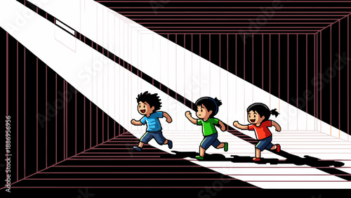 Three cartoon children running towards a bright light in a dark, striped corridor