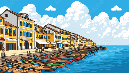 Colorful coastal town with boats on a sunny day