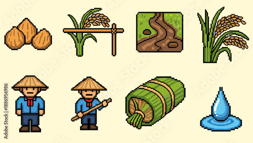 Pixel art farming icons: traditional agriculture, rice fields, tools, hydration