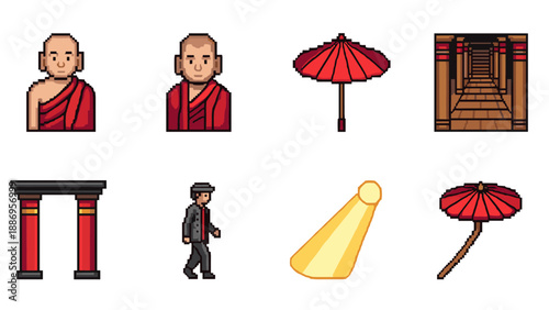 Pixel art buddhist monk and cultural icons with pagoda and parasol