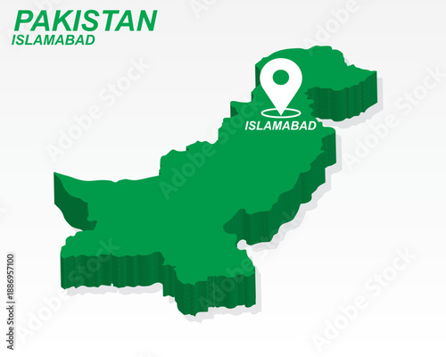 Pakistan Map Vector, Islamabad Capital City Marker on Green 3D Country Shape, Pakistan Infographic Design, Editable Destination Pointer Pakistan Geography