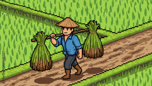 Retro pixel art farmer walking through lush rice field with harvest