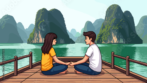 Couple holding hands on a pier overlooking a scenic bay with karst mountains
