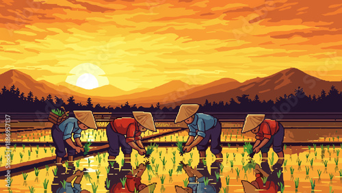 Pixel art farmers planting rice in flooded fields at sunset with mountains in background