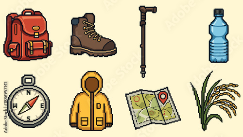 Pixel art hiking gear set: backpack, boot, jacket, map, compass, bottle, stick