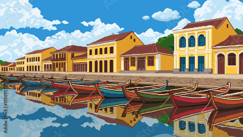 Colorful pixel art of boats and historic buildings by a tranquil river