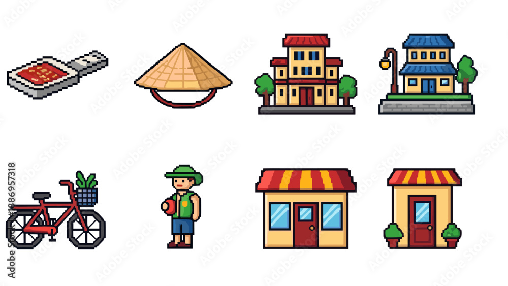 Obraz premium Charming pixel art town with buildings, bicycle, and local figure