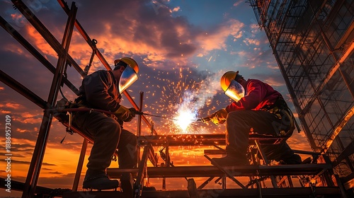 Welders Working on Steel Structure at Dramatic Sunset