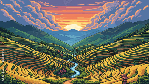 Vibrant pixel art landscape at sunset with rolling hills and rice terraces