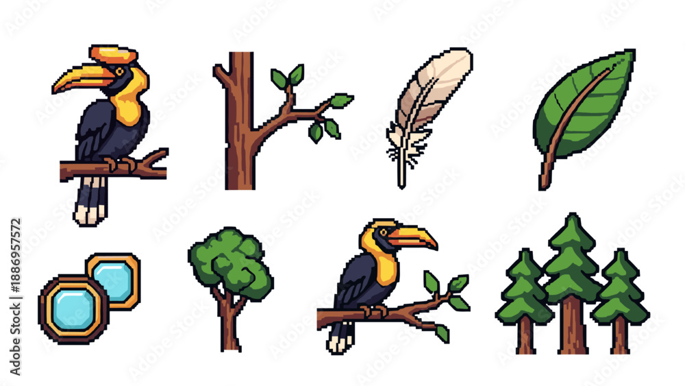 Obraz premium Colorful woodland creatures and nature elements in pixel art style