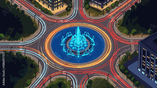 Neon fountain at night in city roundabout with moving car lights in pixel art style