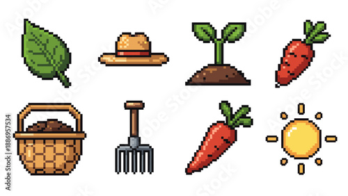 Pixel art farming icons including a leaf, hat, sprout, carrots, basket, rake, and sun