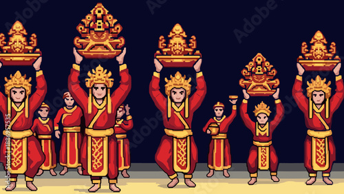 Pixel art illustration of a traditional Southeast Asian dance ceremony with performers in red and gold attire