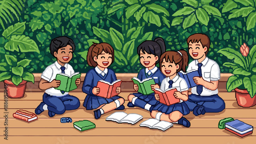 Diverse group of smiling schoolchildren in uniform reading books outdoors surrounded by lush greenery