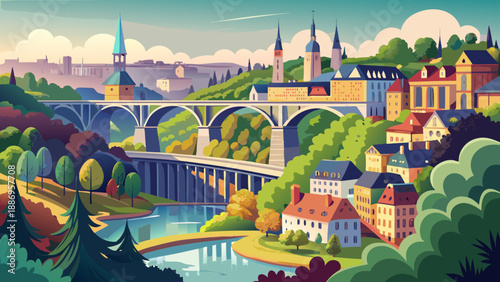 Very beautiful panoramic view combining Adolphe Bridge, Petrusse Park, and National Savings Bank, highlighting Luxembourg’s blend of historic infrastructure, financial strength, and green urban spaces