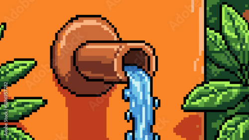 Pixel art terracotta pot pouring fresh water into a lush green garden setting