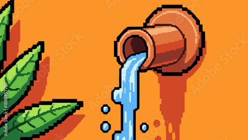 Pixel art illustration of water pouring from a terracotta pot with green leaves on orange background
